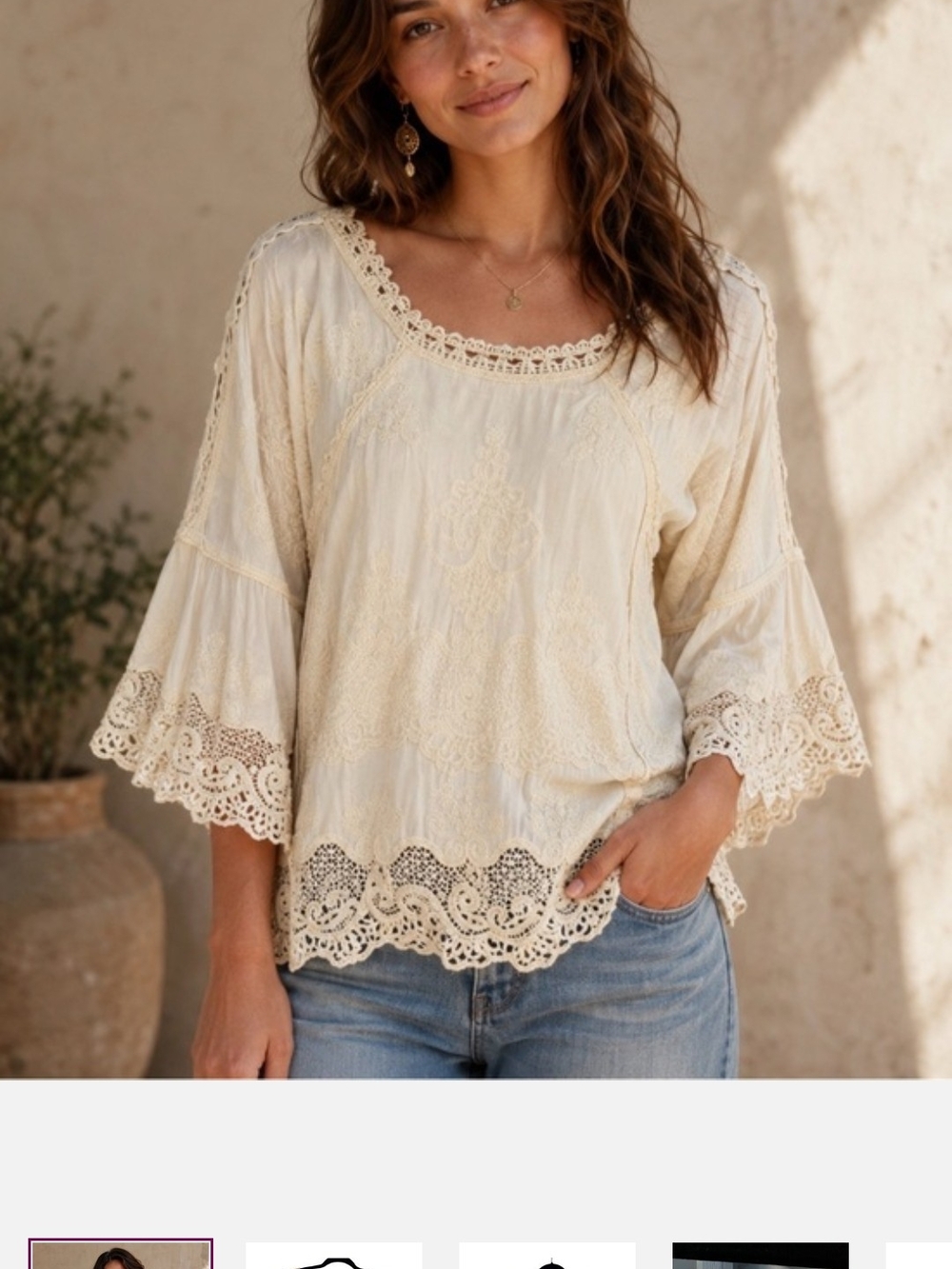 Democracy Women Size S Ivory Beige Embroidered Lace Bell Sleeve Tunic Blouse